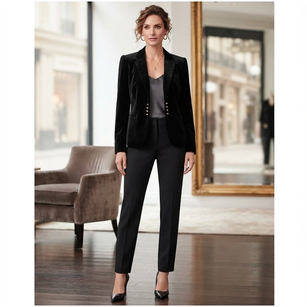 Style & Co Black Velvet Blazer Jacket Womens Size 14 Metallic Button Loop Front